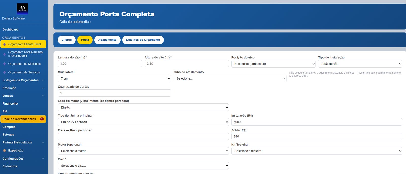 Tela de Orçamento de Porta Completa do Denara Sistemas